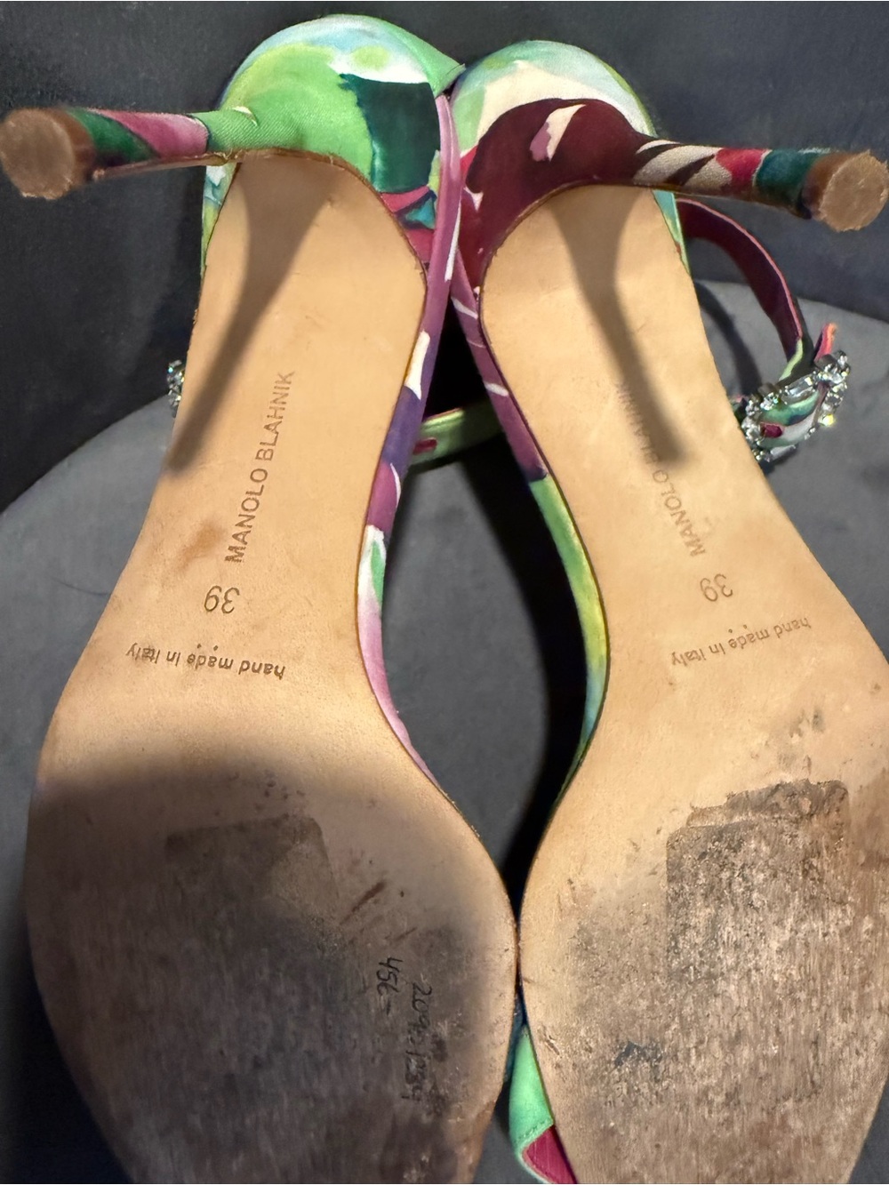 Manolo Blahnik Multicolor Satin Ankle-Strap Sandals with Pink Footbed - Picture 9 of 13